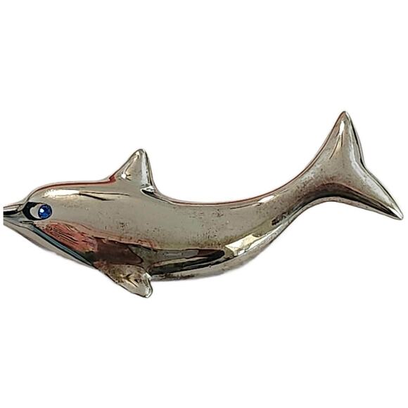 Vintage Silver Dolphin Brooch, 3.5" Long - Picture 3 of 7